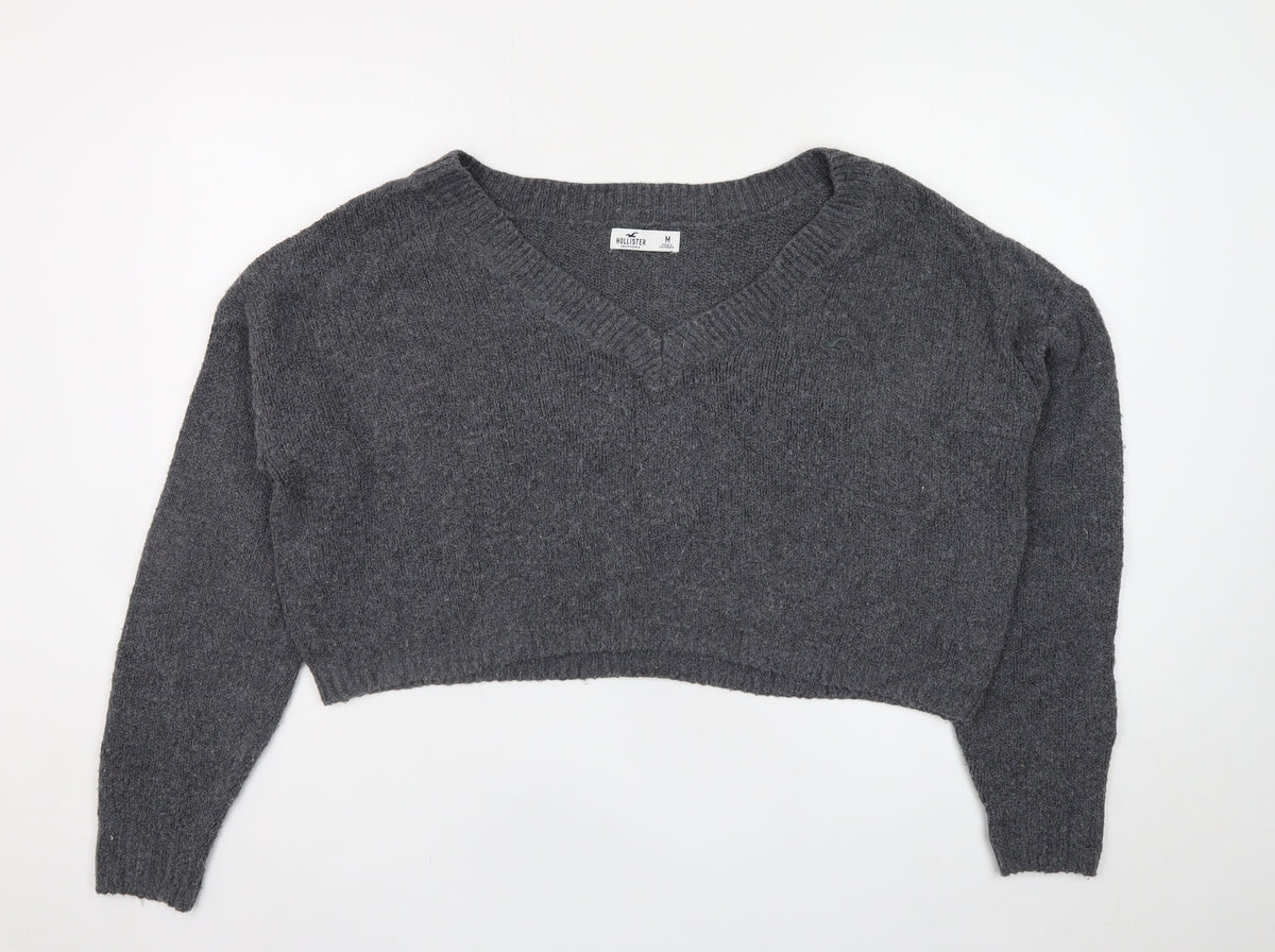 Hollister Men’s Grey M V-Neck Logo Knit Pullover Jumper