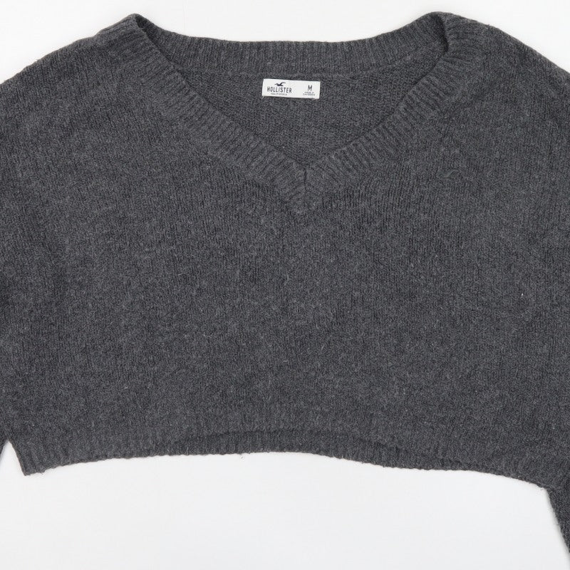 Hollister Men’s Grey M V-Neck Logo Knit Pullover Jumper