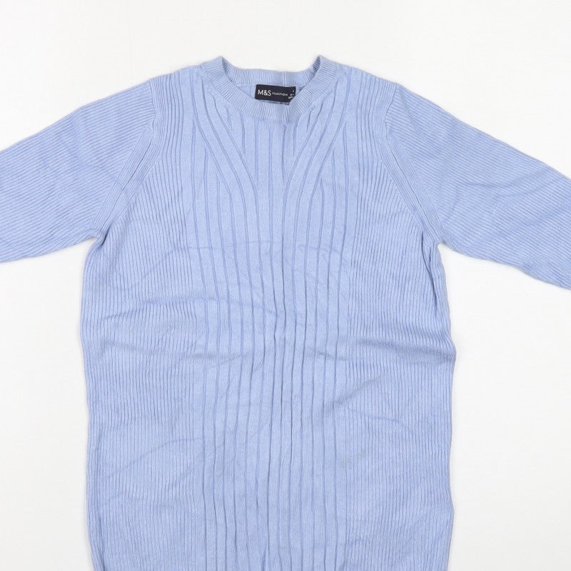 Marks and Spencer Women's Blue M Rib Knit Short Sleeve Pullover Jumper