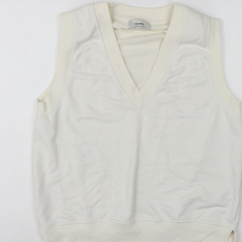 Pull&Bear Women Ivory M Sleeveless V-Neck Pullover Sweatshirt Vest