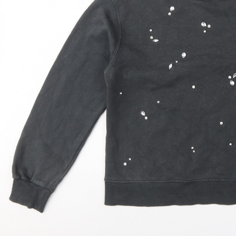 Zara Women Black S Jewel Embellished Crew Neck Pullover Sweatshirt