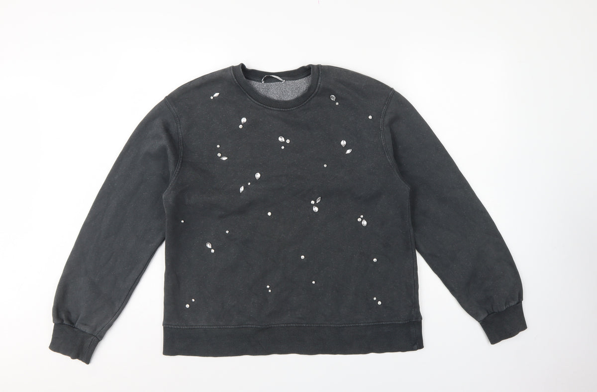 Zara Women Black S Jewel Embellished Crew Neck Pullover Sweatshirt