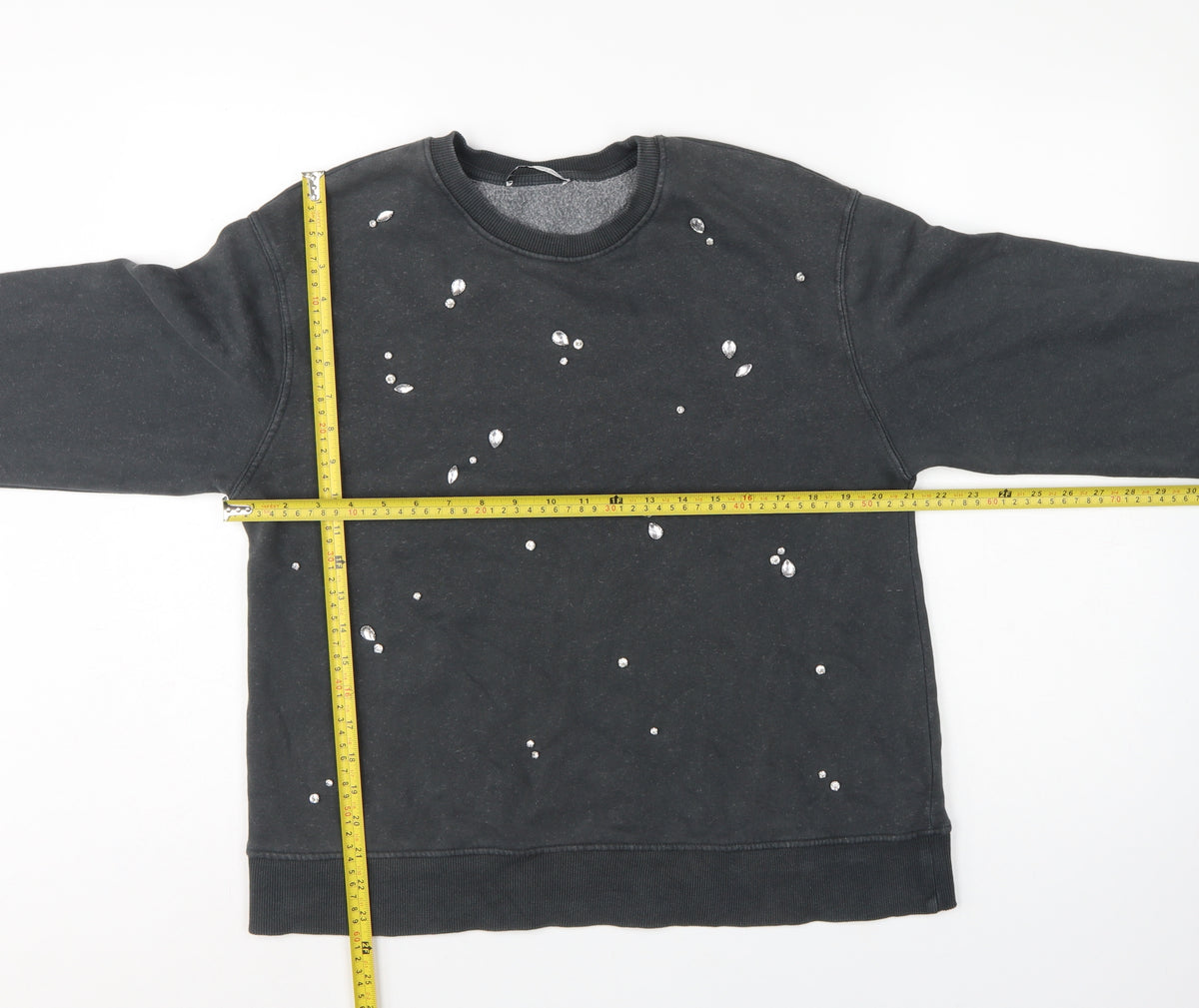 Zara Women Black S Jewel Embellished Crew Neck Pullover Sweatshirt