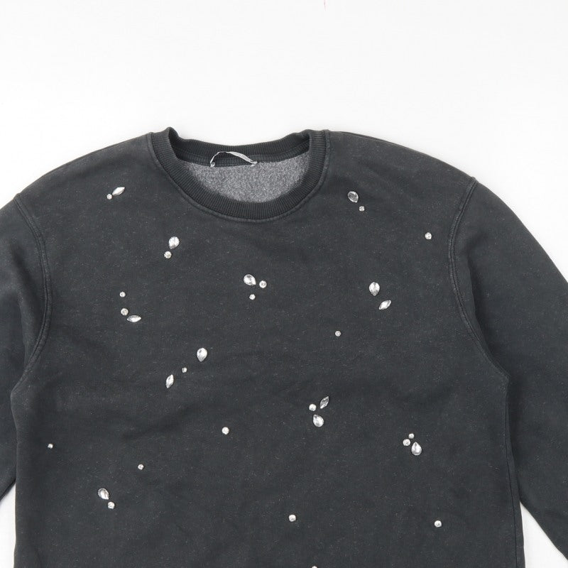 Zara Women Black S Jewel Embellished Crew Neck Pullover Sweatshirt