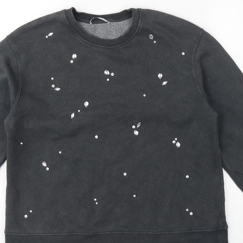 Zara Women Black S Jewel Embellished Crew Neck Pullover Sweatshirt