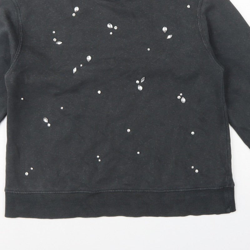 Zara Women Black S Jewel Embellished Crew Neck Pullover Sweatshirt