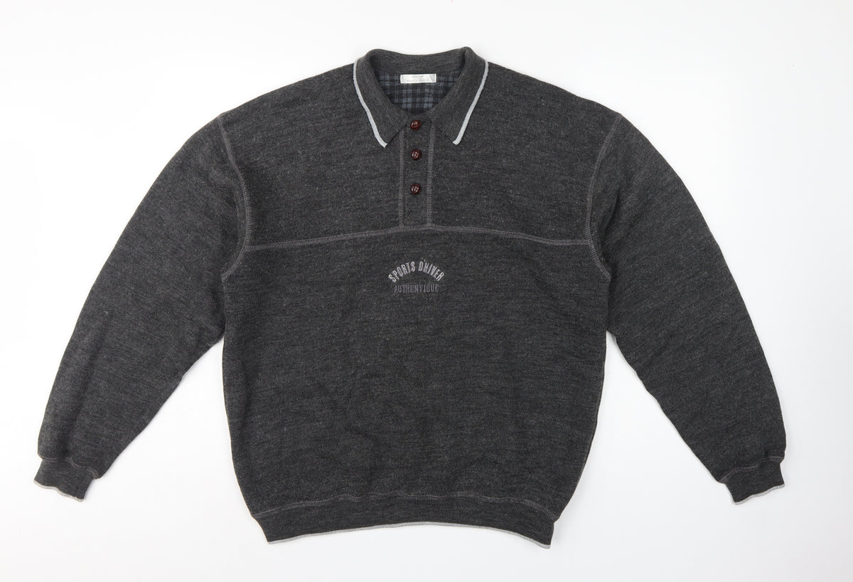 Marks and Spencer Men Grey M Collared Henley Wool Blend Vintage Jumper