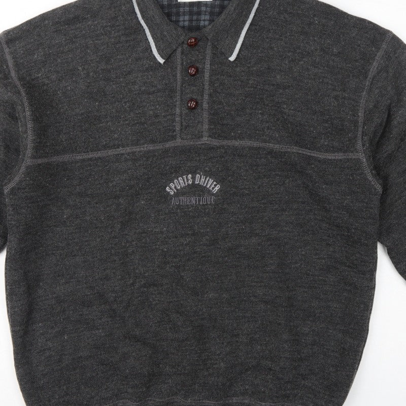 Marks and Spencer Men Grey M Collared Henley Wool Blend Vintage Jumper