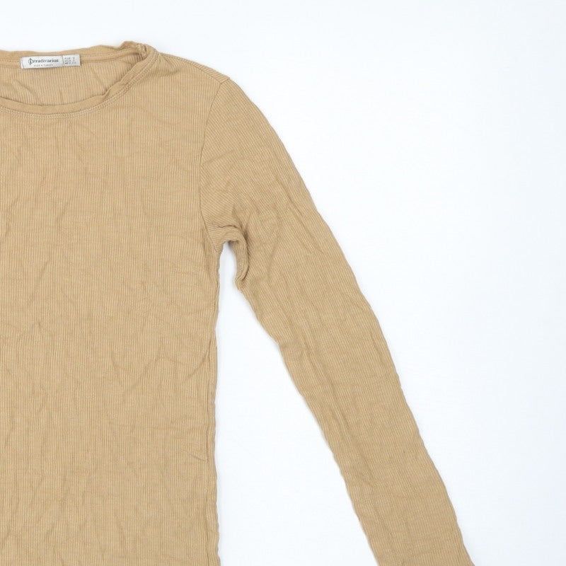Stradivarius Women Beige S Ribbed Slim Fit Long Sleeve Basic T-Shirt