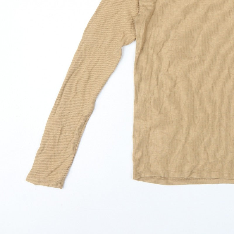 Stradivarius Women Beige S Ribbed Slim Fit Long Sleeve Basic T-Shirt