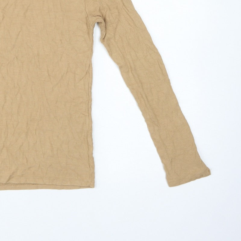 Stradivarius Women Beige S Ribbed Slim Fit Long Sleeve Basic T-Shirt