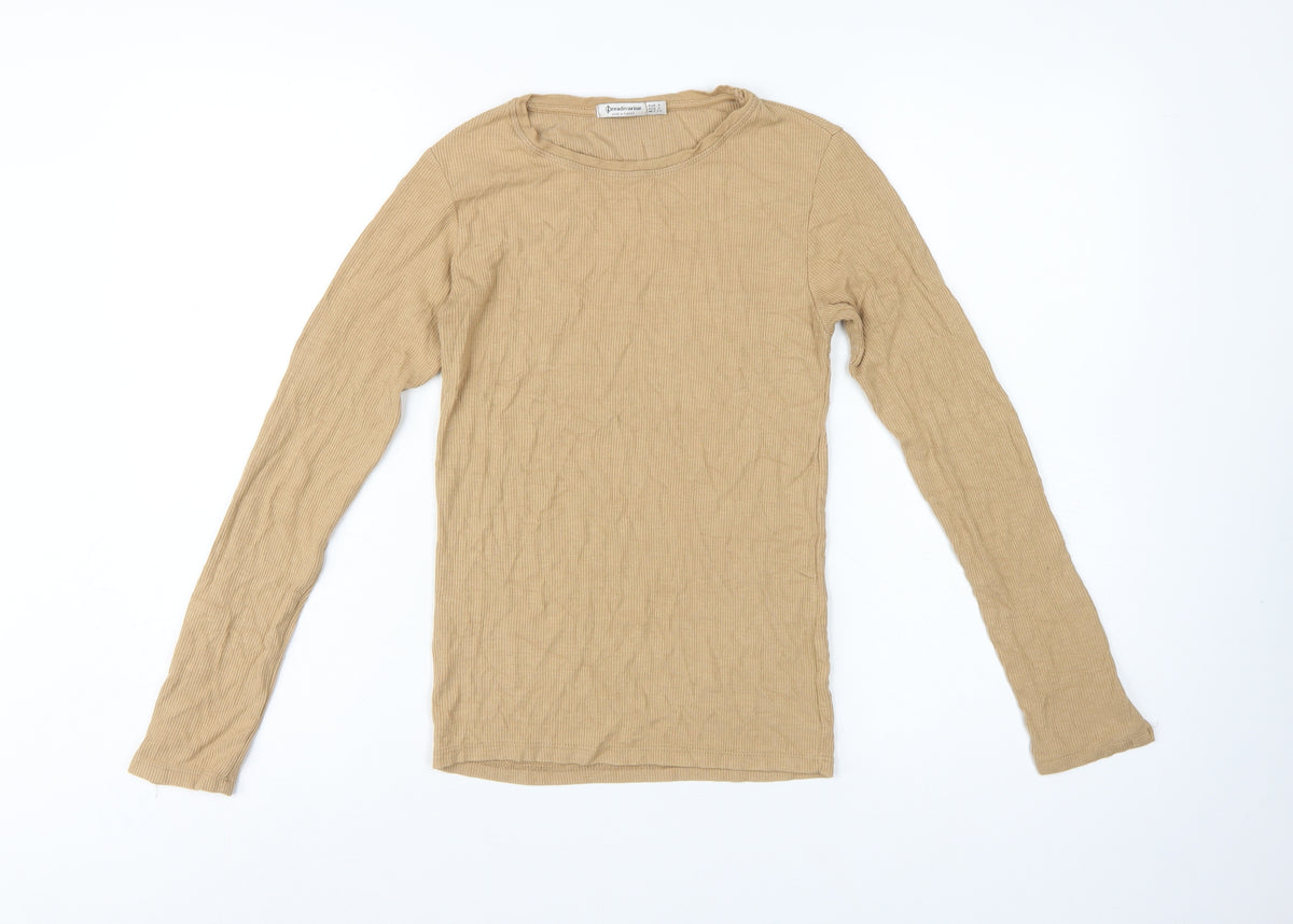 Stradivarius Women Beige S Ribbed Slim Fit Long Sleeve Basic T-Shirt