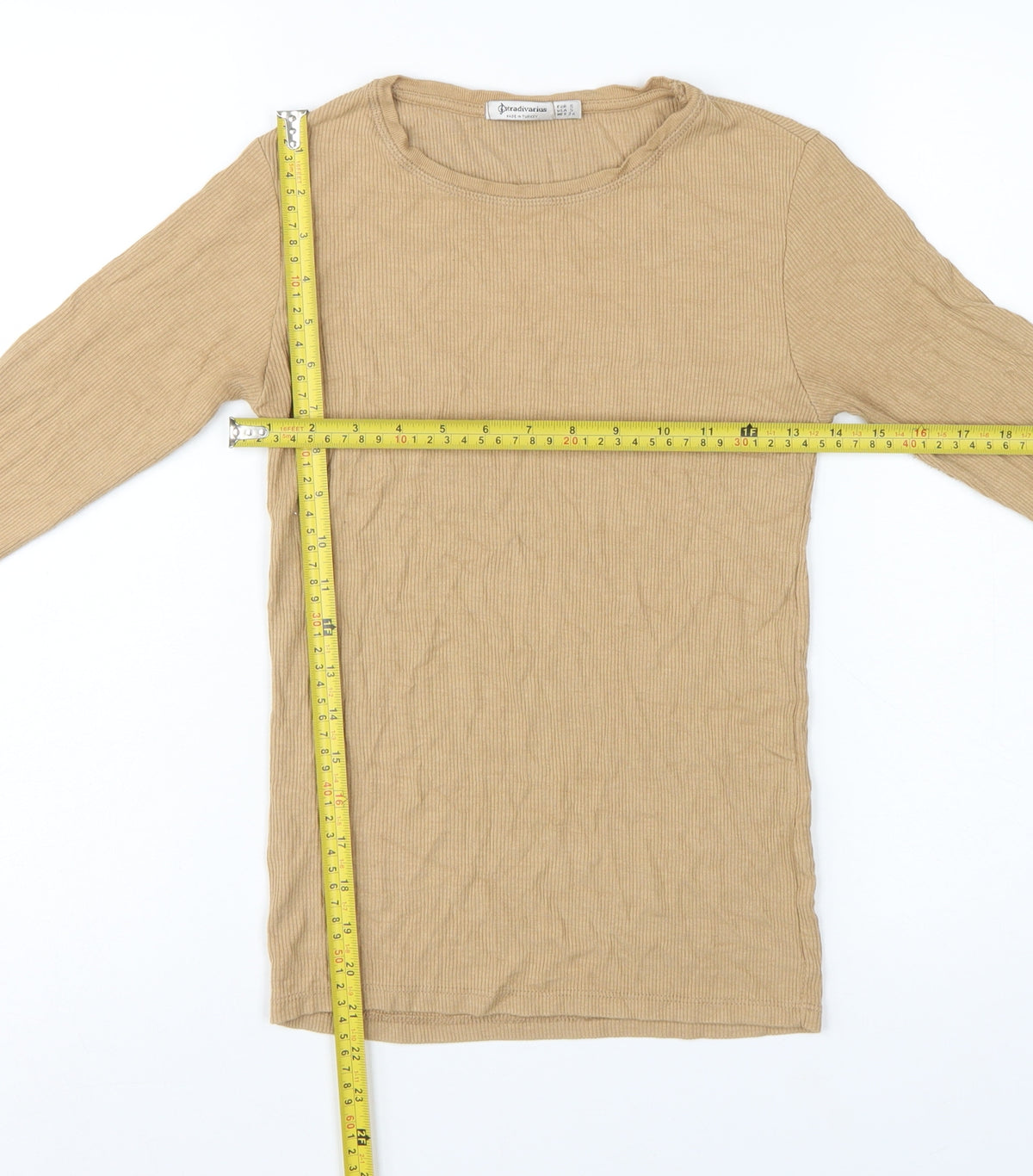 Stradivarius Women Beige S Ribbed Slim Fit Long Sleeve Basic T-Shirt