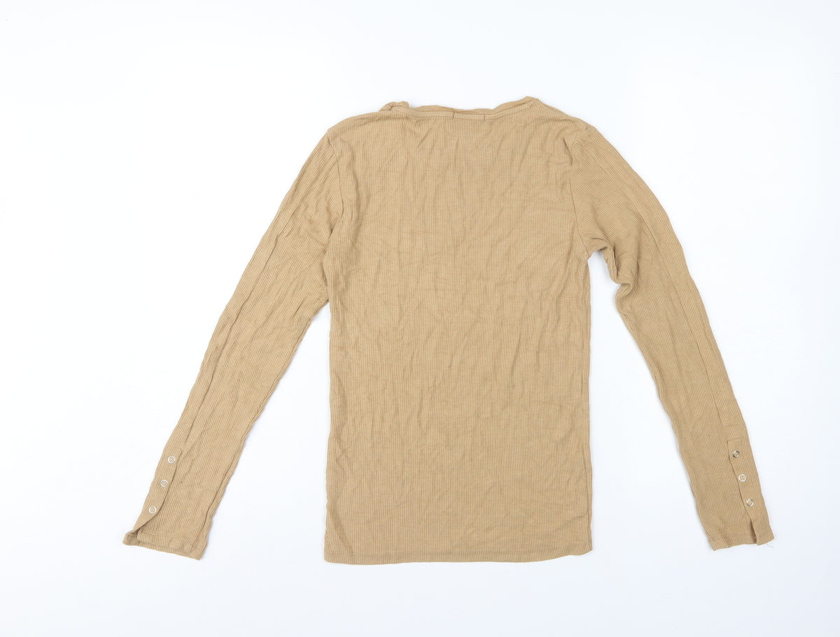 Stradivarius Women Beige S Ribbed Slim Fit Long Sleeve Basic T-Shirt