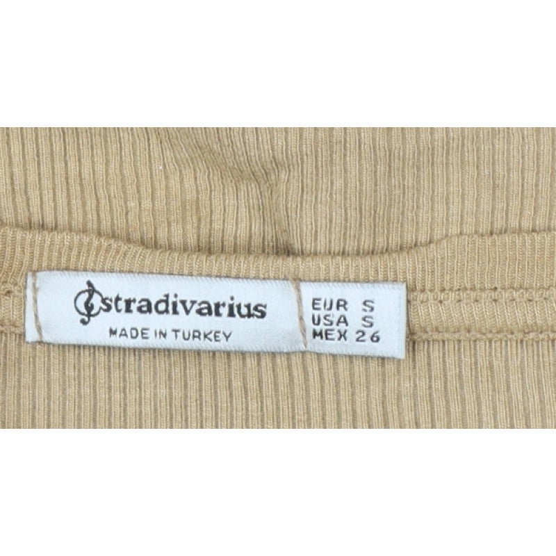 Stradivarius Women Beige S Ribbed Slim Fit Long Sleeve Basic T-Shirt