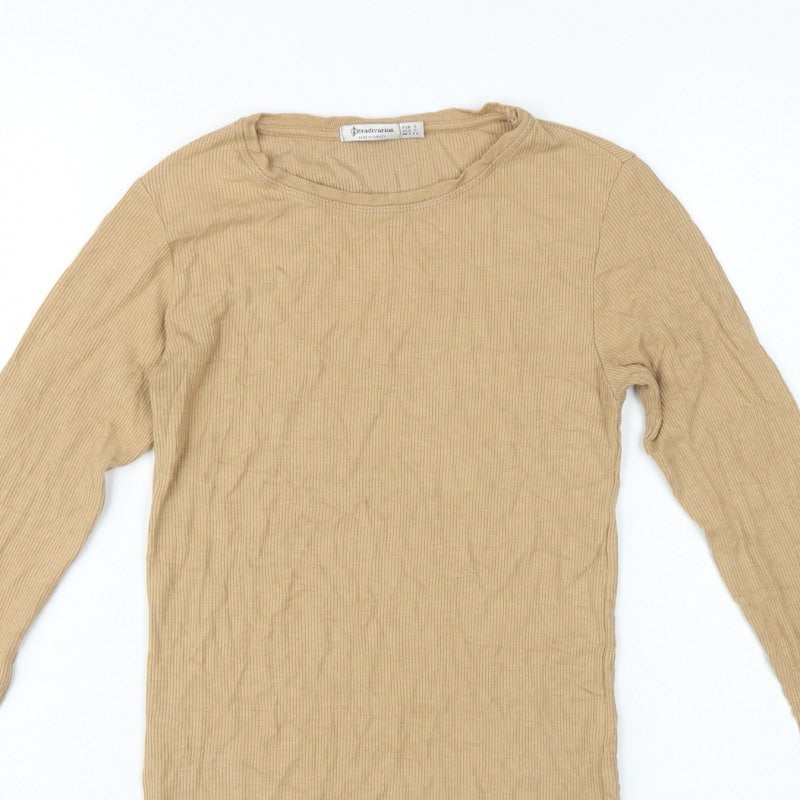 Stradivarius Women Beige S Ribbed Slim Fit Long Sleeve Basic T-Shirt