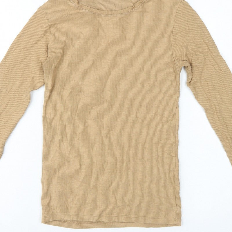 Stradivarius Women Beige S Ribbed Slim Fit Long Sleeve Basic T-Shirt