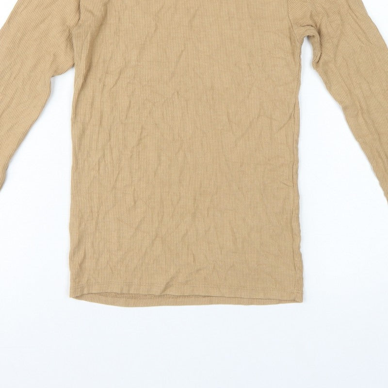 Stradivarius Women Beige S Ribbed Slim Fit Long Sleeve Basic T-Shirt