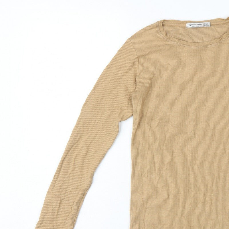 Stradivarius Women Beige S Ribbed Slim Fit Long Sleeve Basic T-Shirt