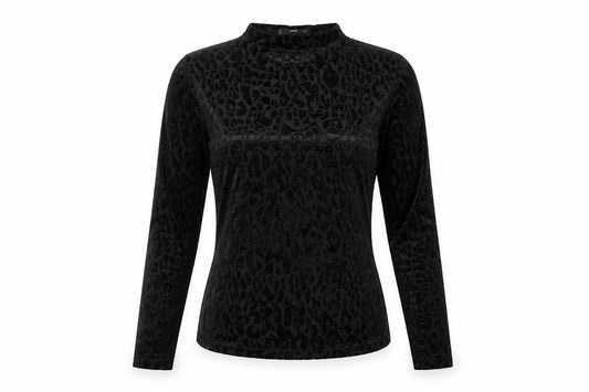 MNG Women's Black Leopard Velvet Slim Fit High Neck Top Size M