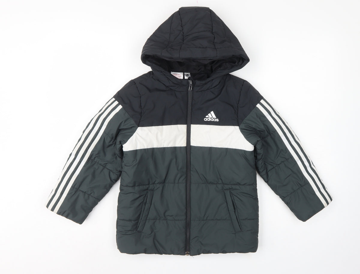 adidas Boys Black Colourblock Puffer Jacket 6-7 Years Hooded