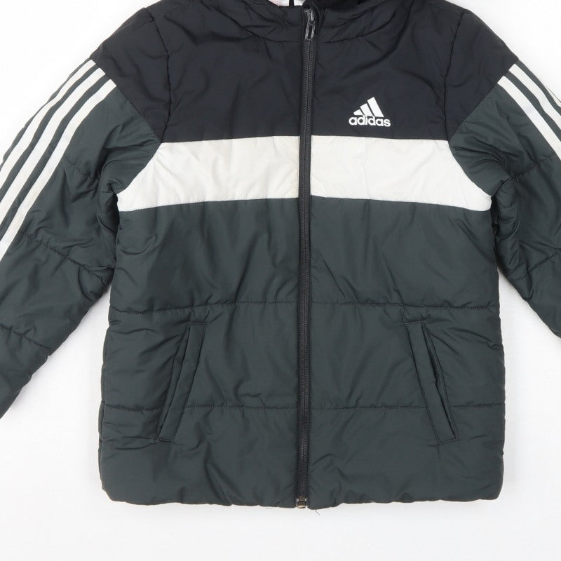 adidas Boys Black Colourblock Puffer Jacket 6-7 Years Hooded