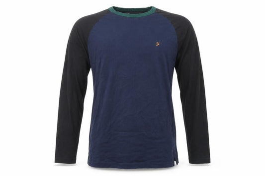 Farah Mens Blue Black Colourblock Long Sleeve Crew Neck T-Shirt M