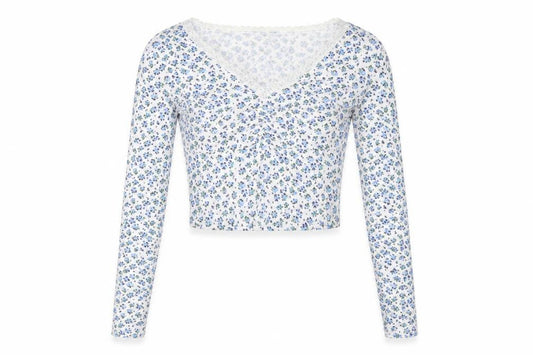 ASOS Design Women White Blue Floral Lace V-Neck Cropped Top UK 8
