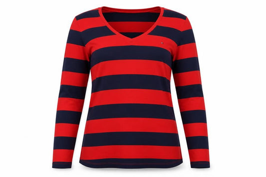 Tommy Hilfiger Women Red Navy Striped XL V-Neck Long Sleeve Jersey Top