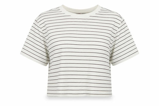 Marks & Spencer Women White Brown Stripe UK 14 Cropped Jersey T-Shirt