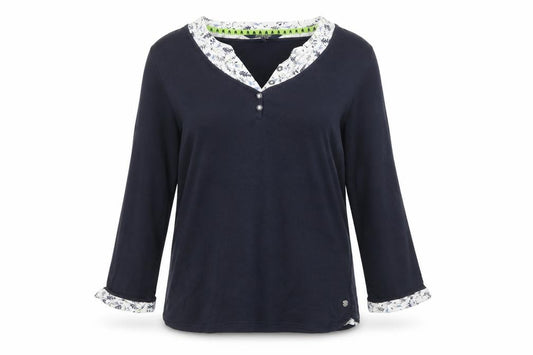 Maine New England Women’s Blue UK 14 3/4 Sleeve Henley Blouse Floral Trim