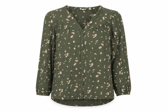 FatFace Women Green UK 12 Floral Long Sleeve Button-Up Blouse