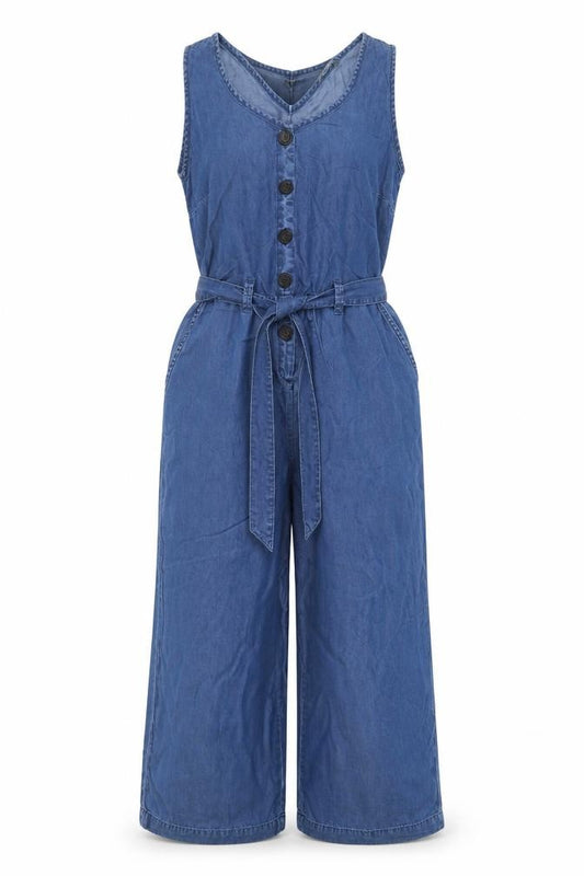 Nutmeg Women Blue Chambray Belted Wide Leg Sleeveless Jumpsuit UK 10