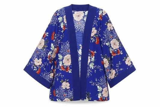 M&Co Women Blue Floral Kimono Blouse Size 14 3/4 Sleeve Open
