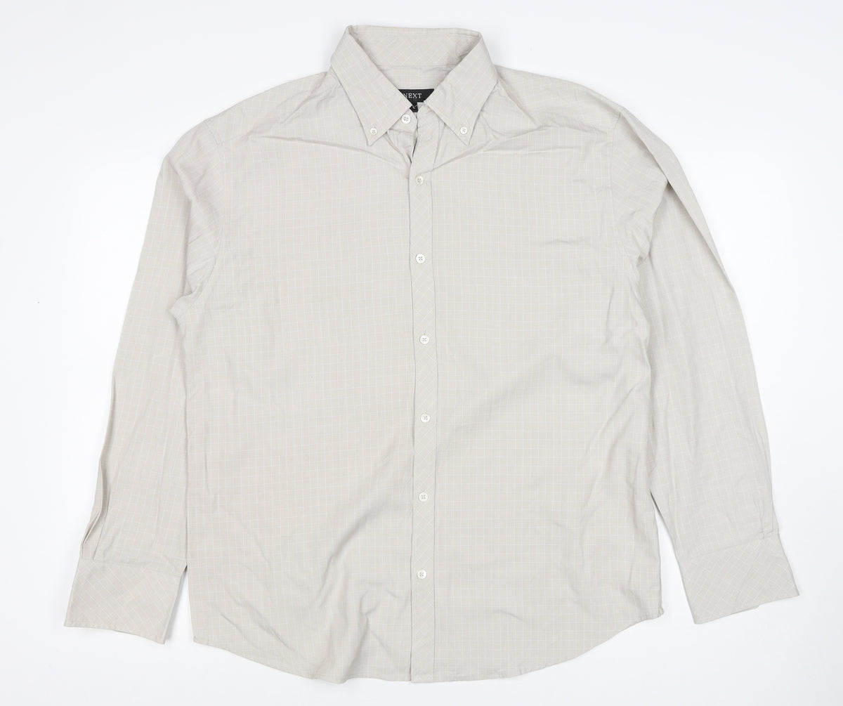 Next Men’s Beige Check Long Sleeve Button-Down Shirt Size L