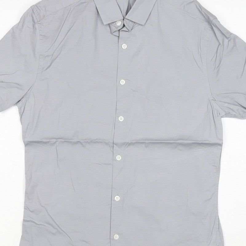 ASOS Men Grey S Short Sleeve Button-Up Stretch Shirt