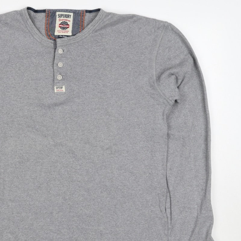 Superdry Men Grey XL Henley Button Long Sleeve Cotton Sweatshirt