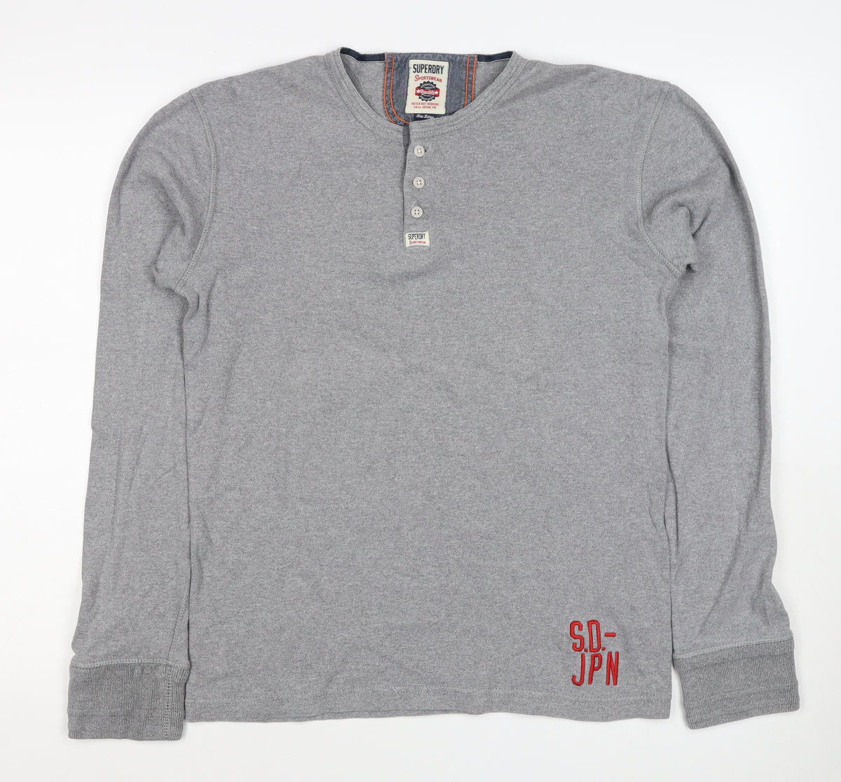 Superdry Men Grey XL Henley Button Long Sleeve Cotton Sweatshirt