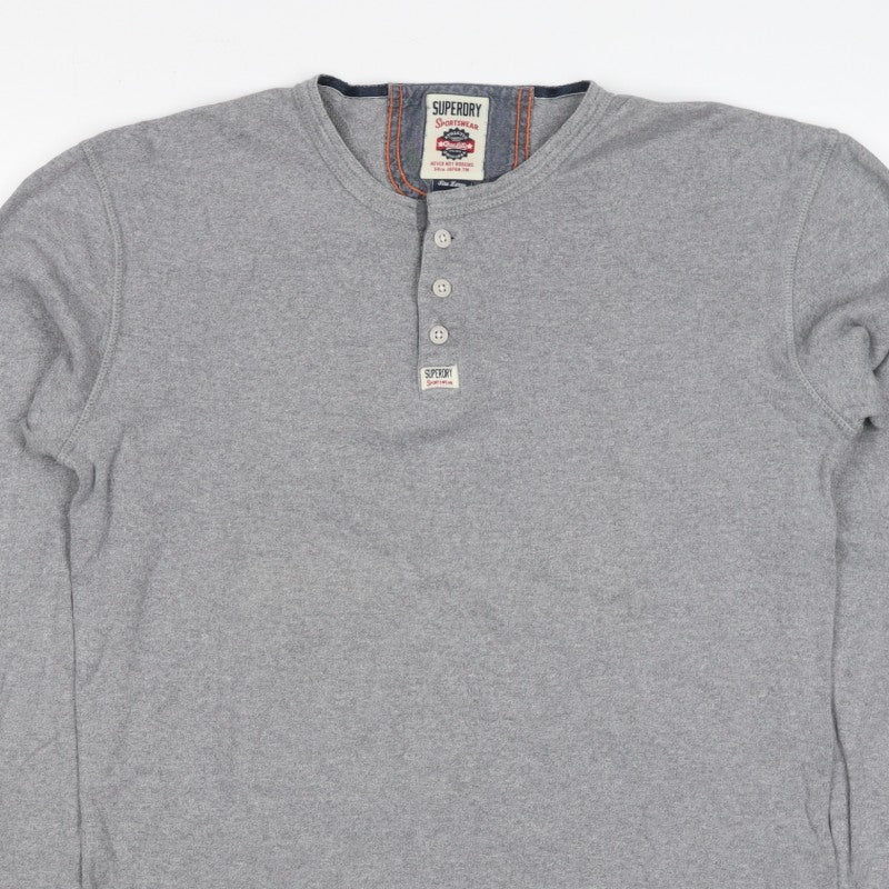 Superdry Men Grey XL Henley Button Long Sleeve Cotton Sweatshirt