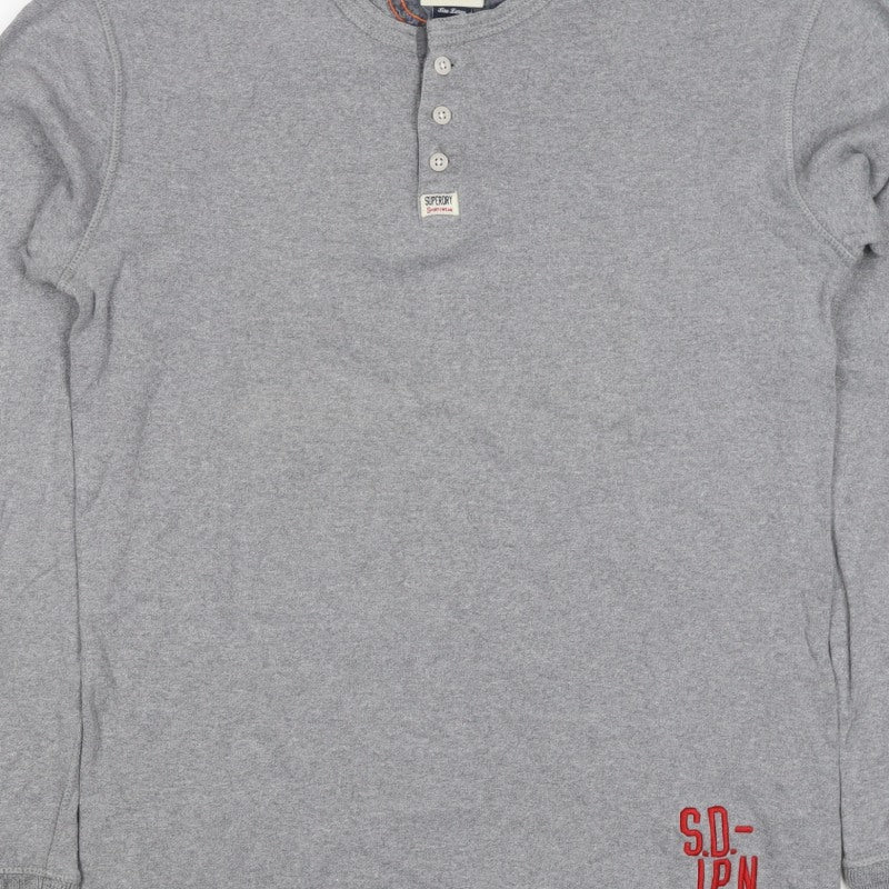 Superdry Men Grey XL Henley Button Long Sleeve Cotton Sweatshirt