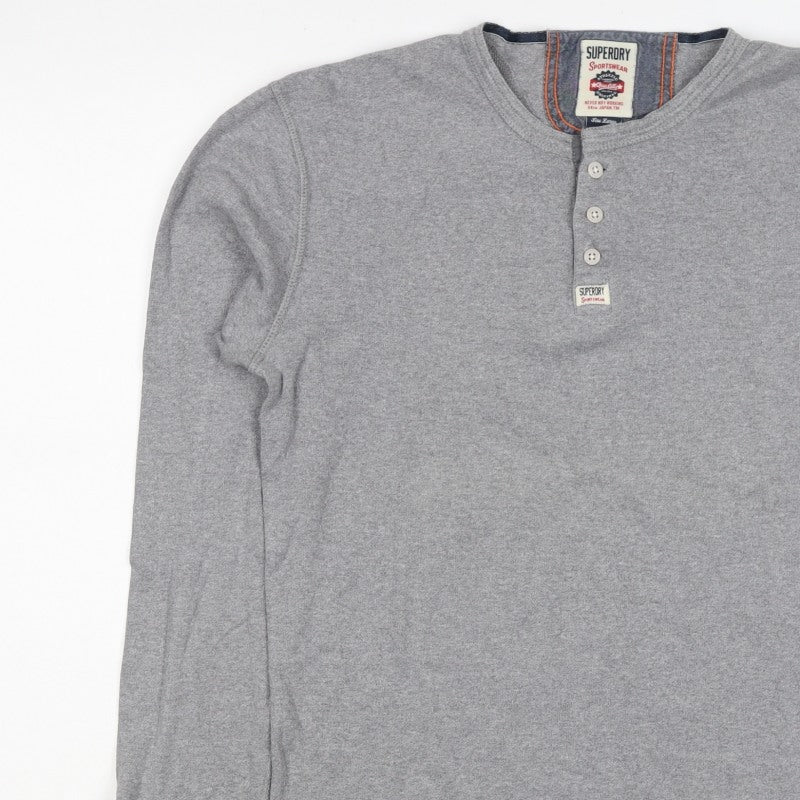 Superdry Men Grey XL Henley Button Long Sleeve Cotton Sweatshirt