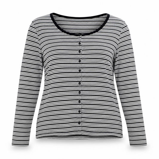 M&S Women Black White Striped Size 16 Jersey Button-Up Long Sleeve Top