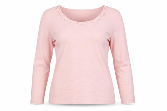 Bonmarche Women Pink Size 14 Rhinestone Scoop Neck Long Sleeve T-Shirt