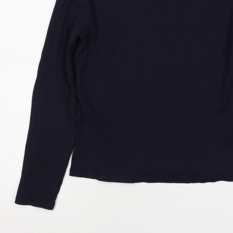 Formula Joven Women Blue L Ribbed High Neck Button Long Sleeve Top