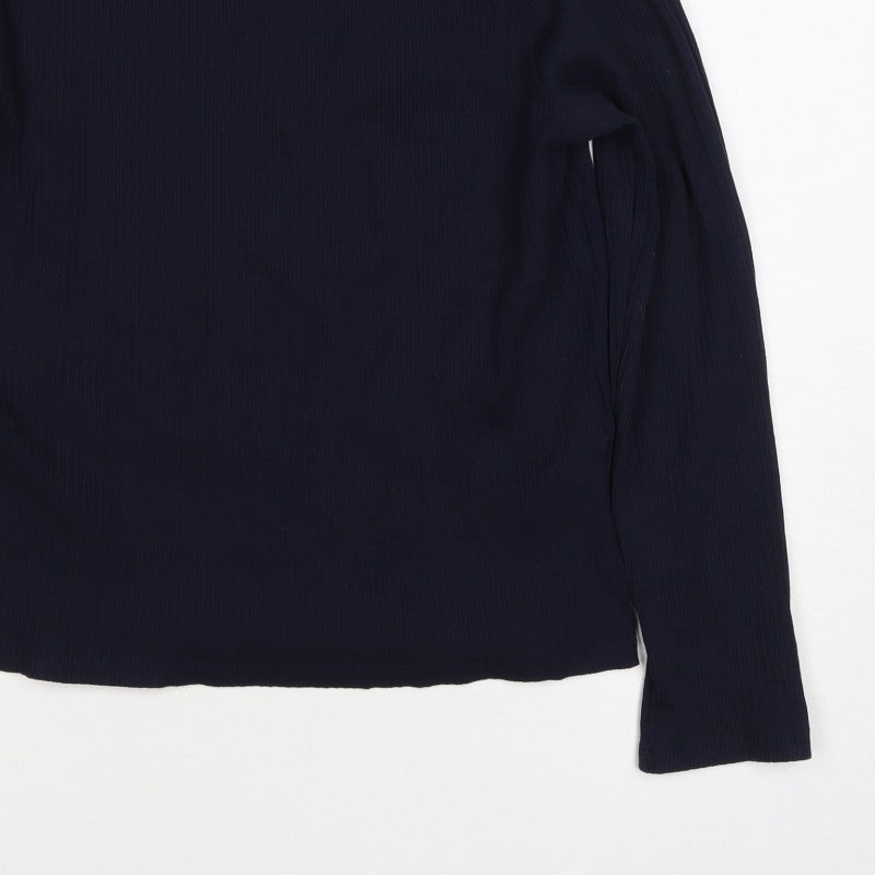 Formula Joven Women Blue L Ribbed High Neck Button Long Sleeve Top