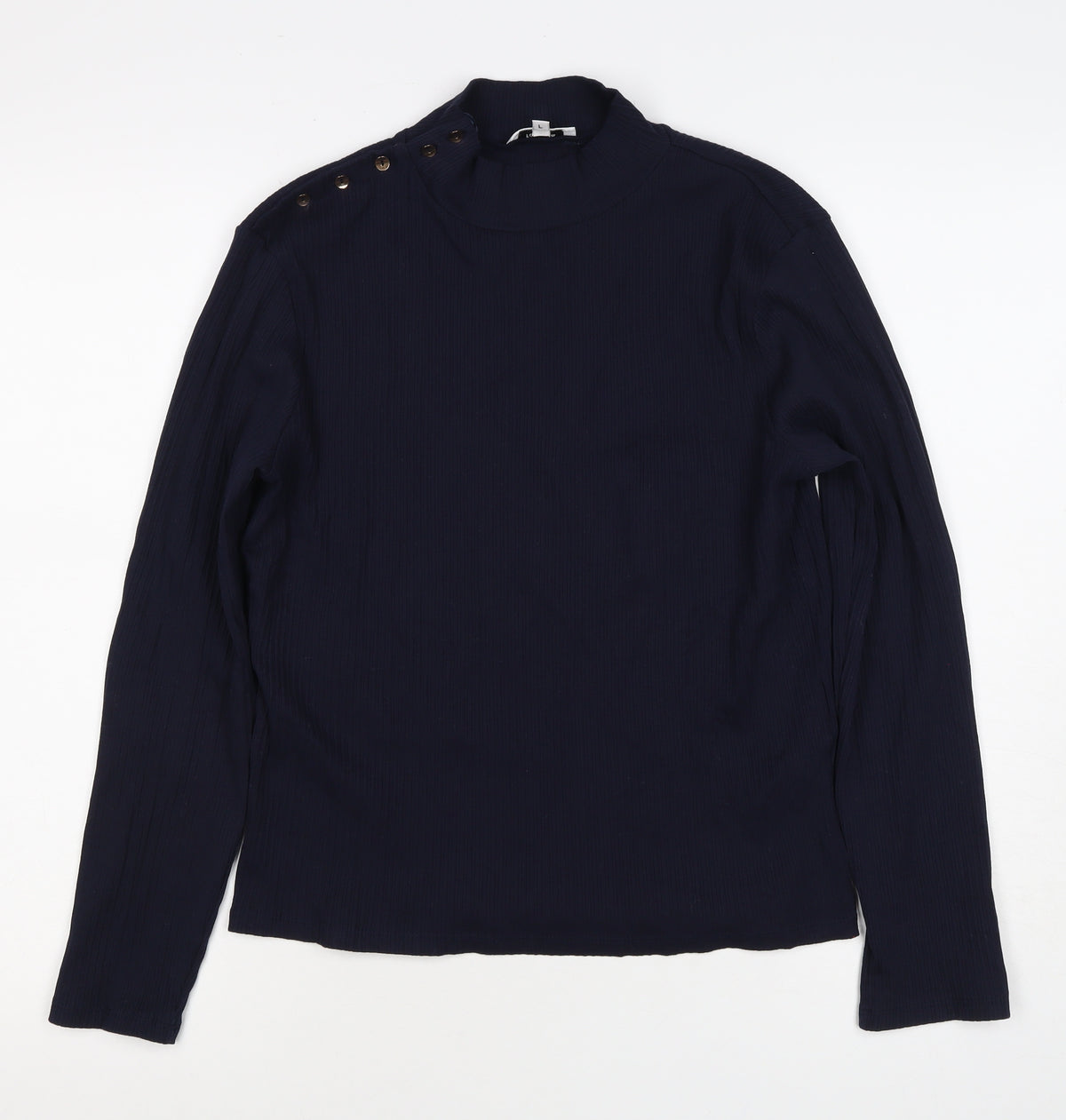 Formula Joven Women Blue L Ribbed High Neck Button Long Sleeve Top