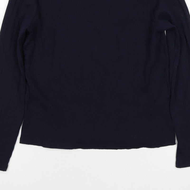 Formula Joven Women Blue L Ribbed High Neck Button Long Sleeve Top