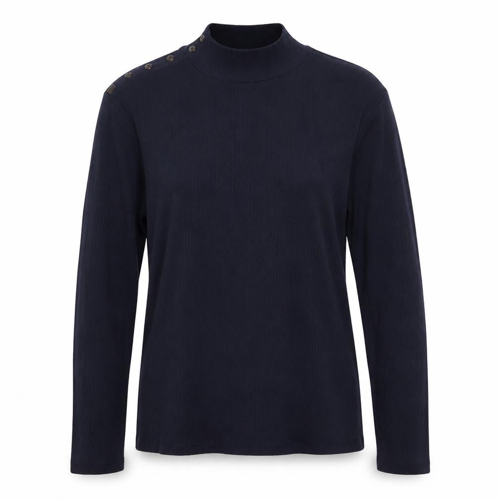 Formula Joven Women Blue L Ribbed High Neck Button Long Sleeve Top