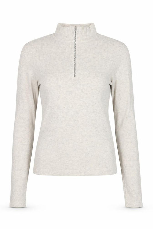 Monki Women’s Beige S Ribbed High Neck 1/2 Zip Long Sleeve T-Shirt