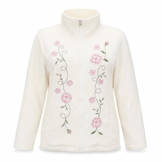 Samari Women’s Ivory Size 10 Floral Embroidered Fleece Zip Jacket